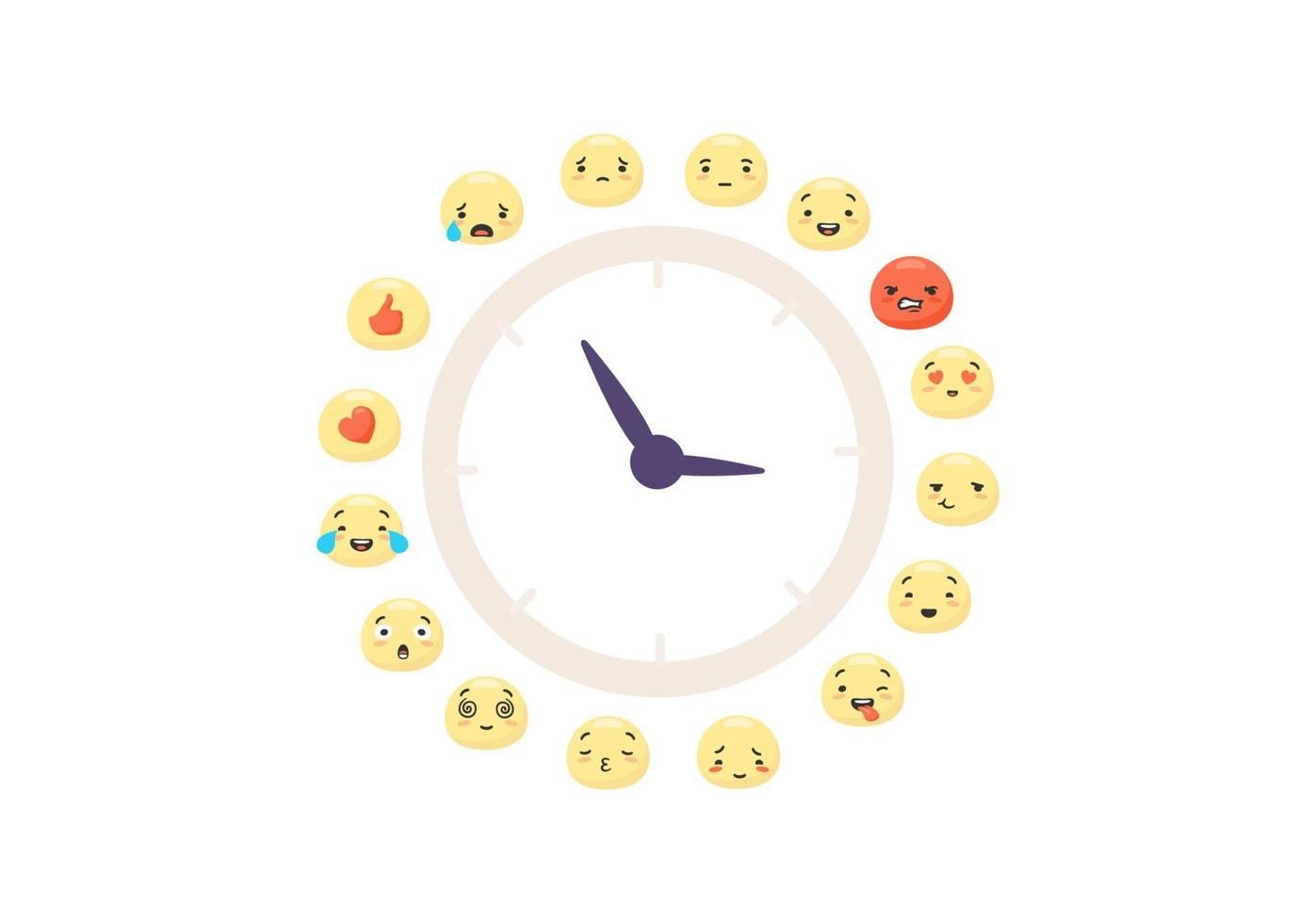 Clock emoticons of moods. Dial with arrow of characters red like with heart expression joyful and sad faces. vector