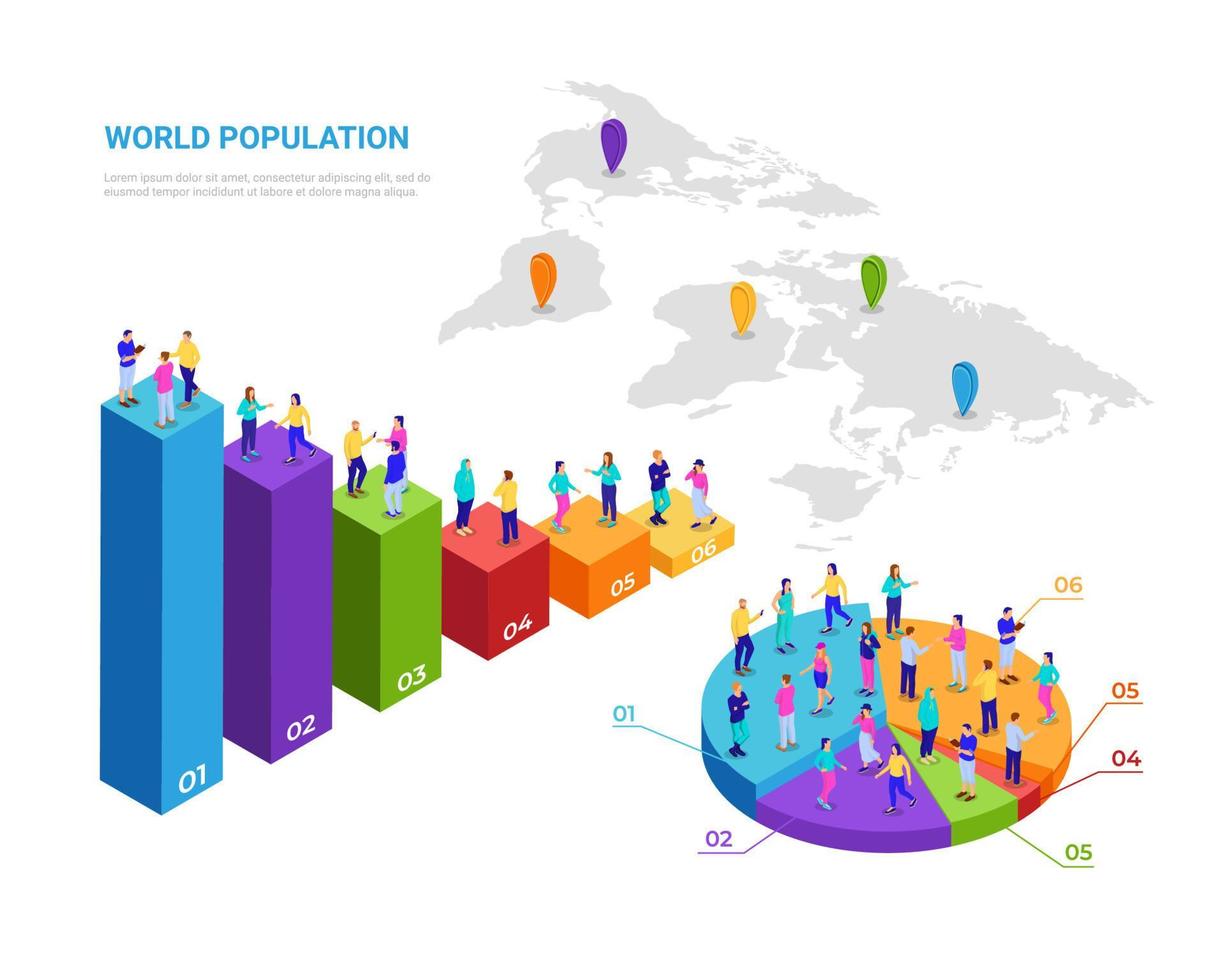 Isometric human populations infographics. Pie charts and statistical pillars with people for studying demographic. vector