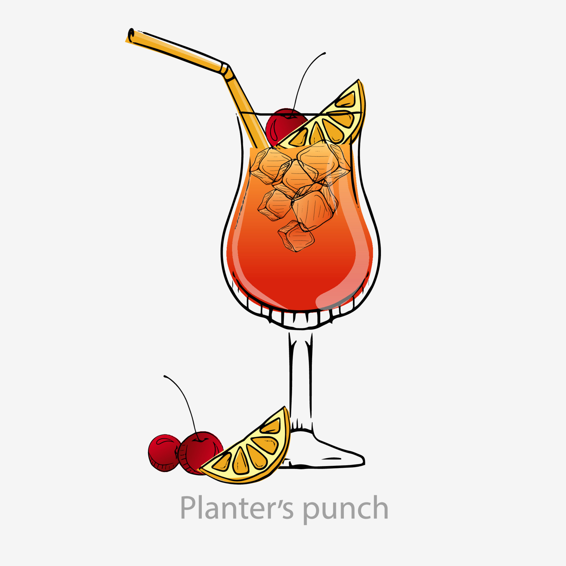 Cocktail planter punch. Dark orange cocktail cherry straw ice cube