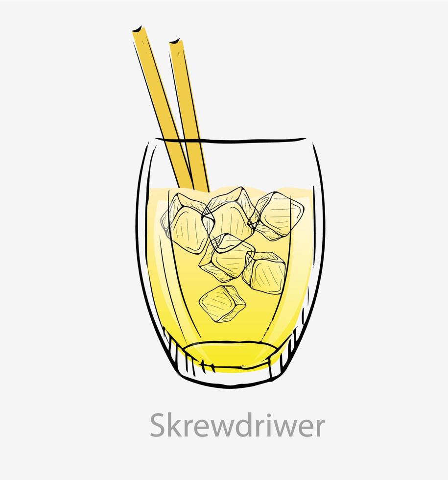 Cocktail screwdriver. Yellow cocktail ice cubes yellow straws long drink alcohol vodka orange juice served in highball vector glass category modern classic.