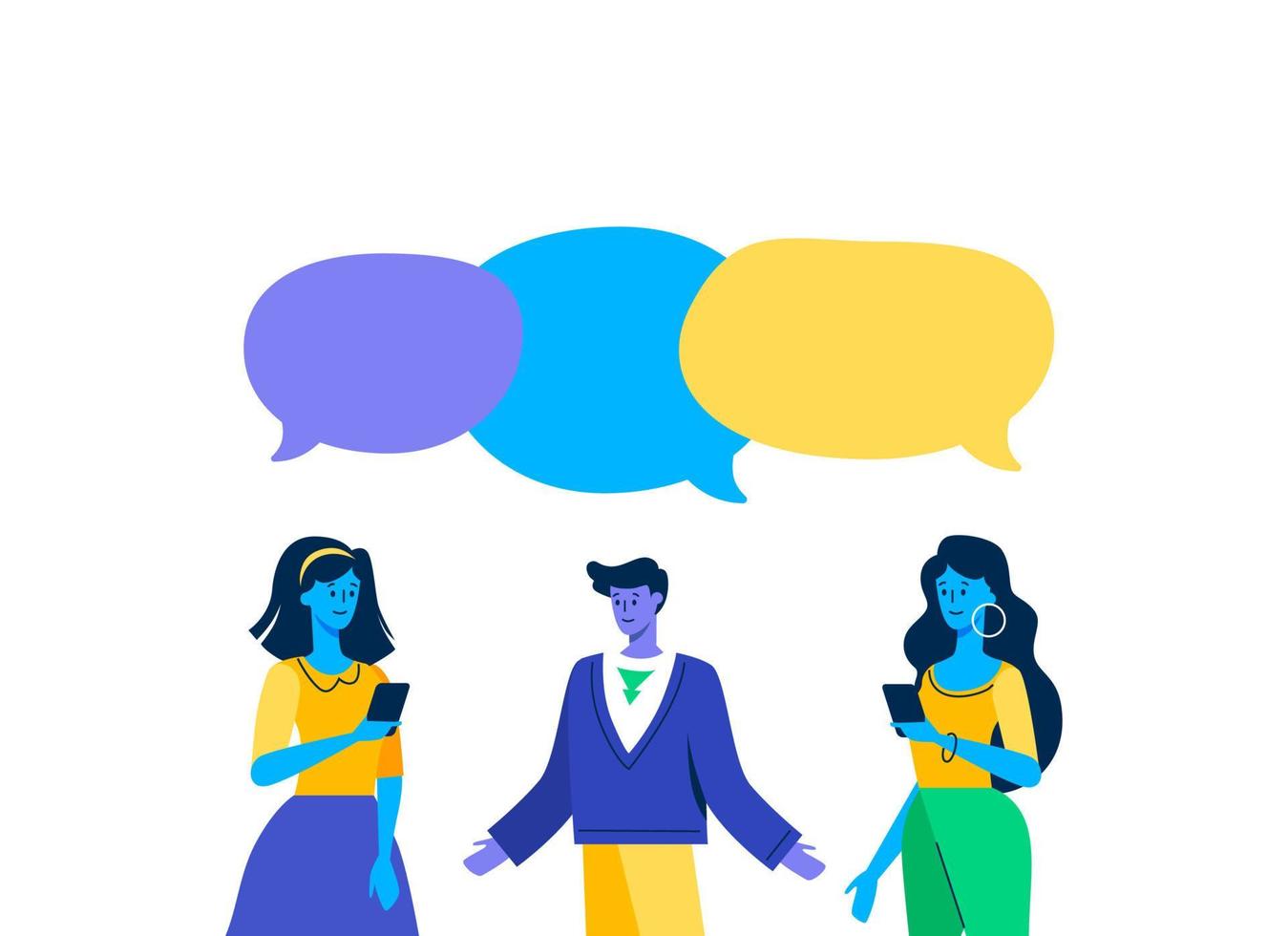 Girls discuss with guy about plans weekend speech bubble. Two beautiful girls chatting with guy about a weekend trip, conversational fun vector planning speech bubble.