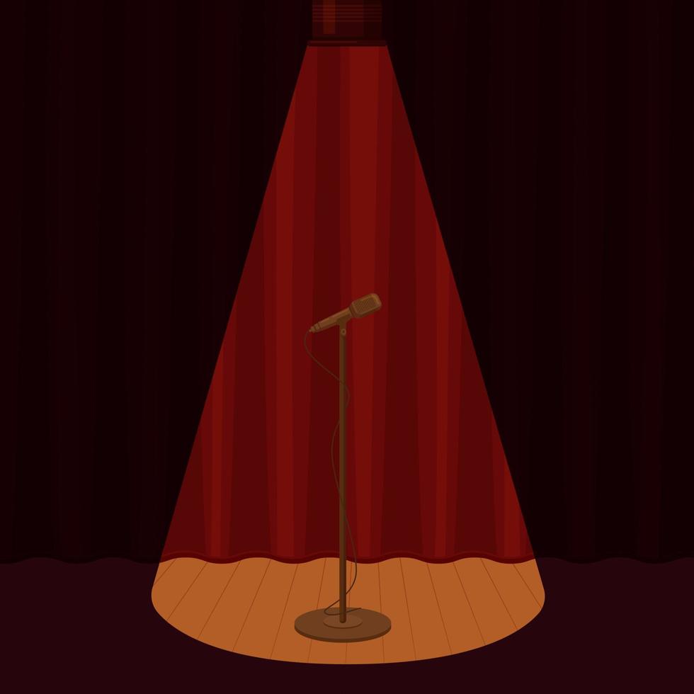 Cartoon microphone on empty scene surrounded by spotlight light vector graphic illustration