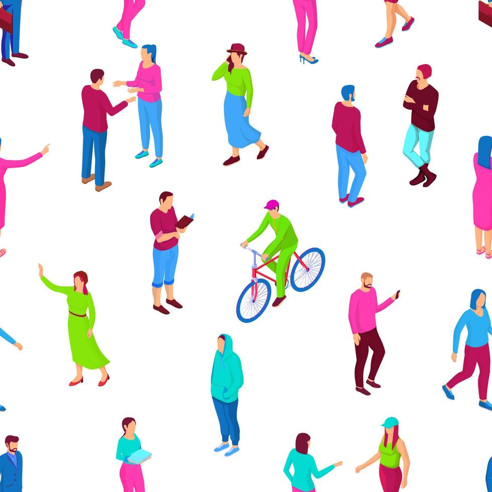 People walking and having fun isometric seamless pattern. Male character in green uniform rides bike. vector
