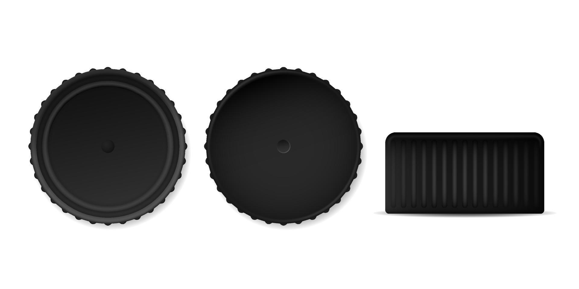 Black bottle caps mockup template. Serrated metal and plastic caps for closing containers vector