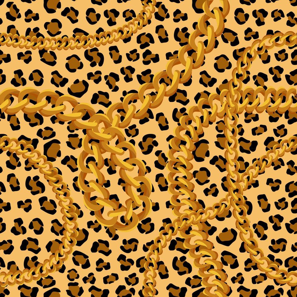 Panther skin with gold chains seamless pattern. Puma yellow spots with black jaguar scheme outlines in tiger vector color.
