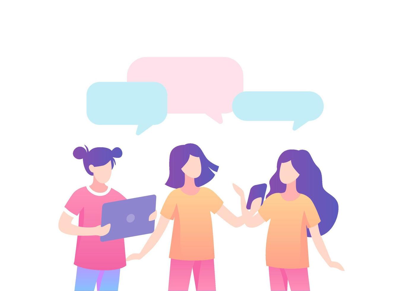 Teenage girls discussing on social networks speech bubble. Girls communicate online each other talk about fashion dialogue about new vector fashionable color flat things speech bubble.