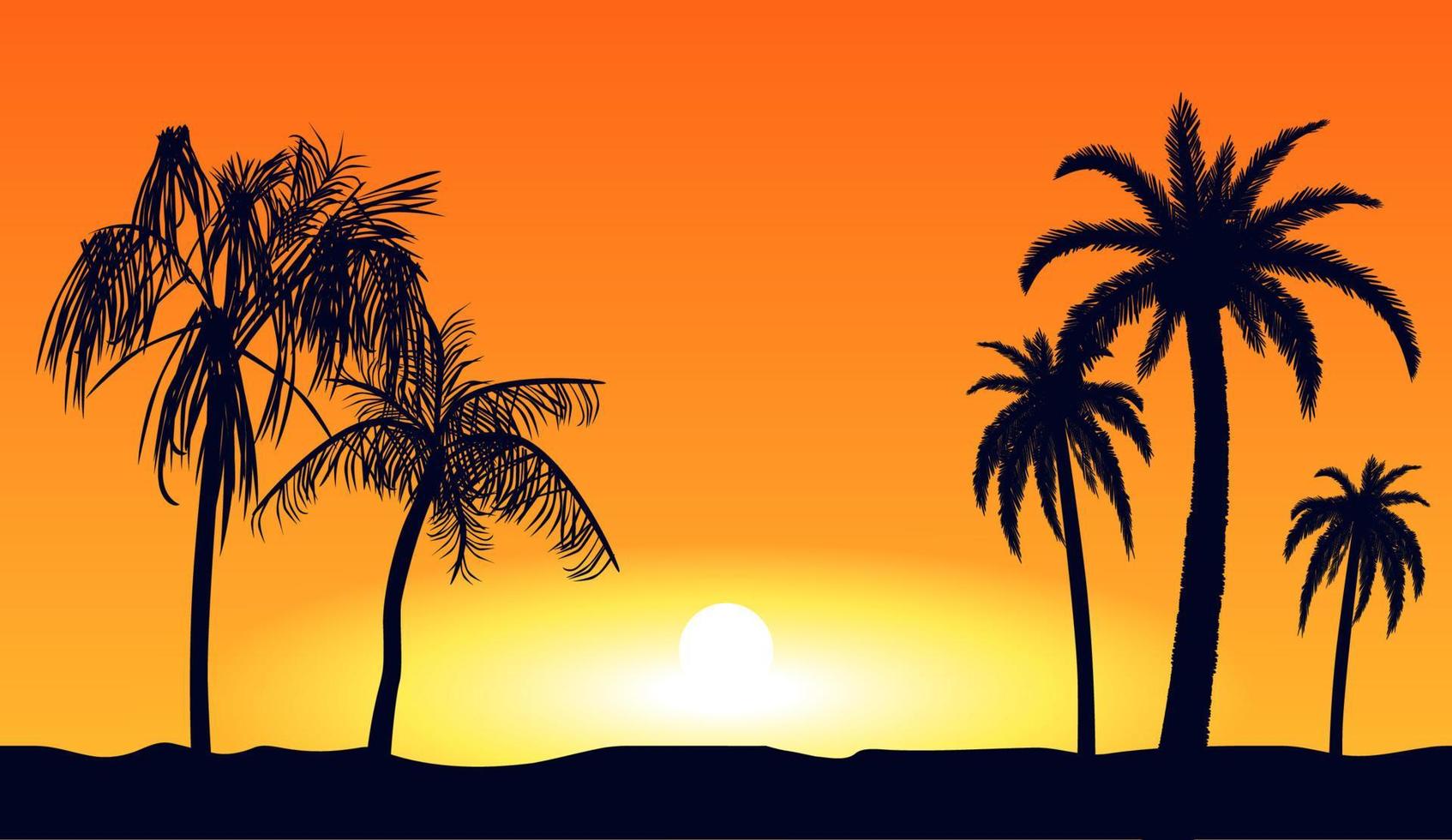 siluetas de palmeras tropicales naranjas al atardecer. playa tropical sobre fondo amarillo puesta de sol hermoso paraíso costero resort laguna romántica con exótica noche de vector. vector