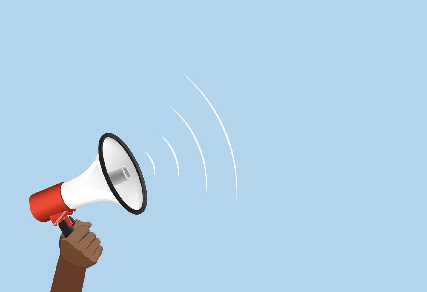 Black hand holds loudspeaker banner. Call for protests and rallies template information on megaphone announcement discounts and sales promotion marketing advertising vector joint dispute sudden.