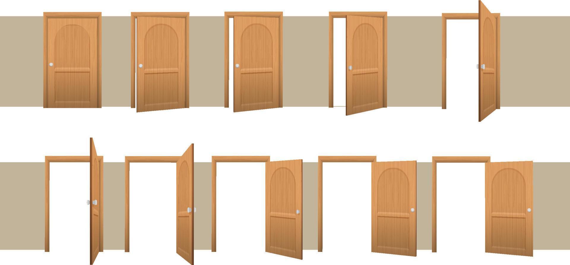 Pasos de puertas cerradas y abiertas. animación de la apertura gradual de la puerta de entrada marrón de la habitación de madera diseño de interiores de vector de edificio moderno de moda en estilo clipart.