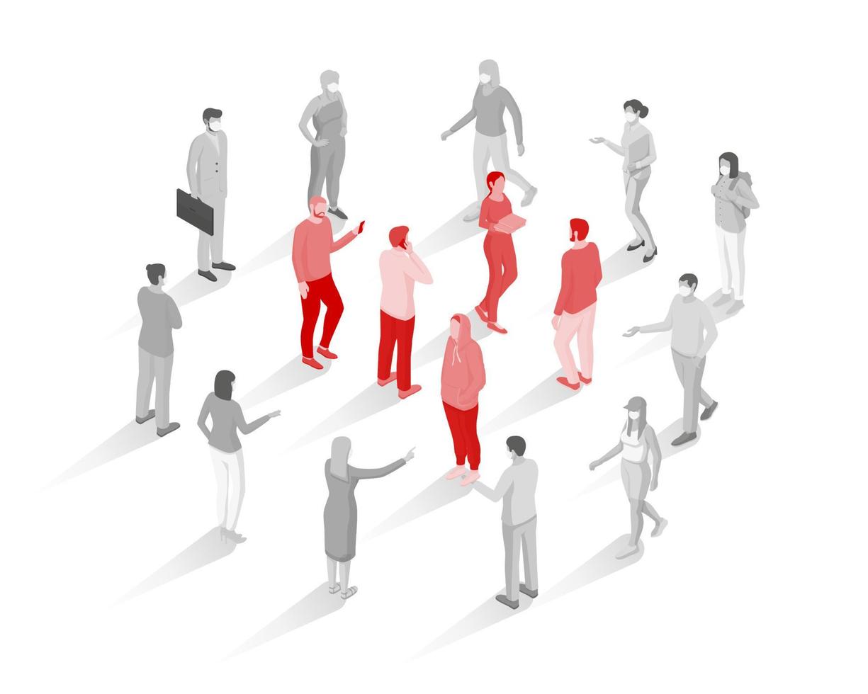 People condemn lack protective masks isometric concept. Gray characters in masks standing in circle discussing red persons in center. vector
