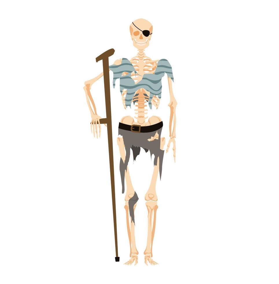 Skeleton pirate with crutch. Dead corsair warrior with combat injuries and eye patch stands leaning on long vector stick.
