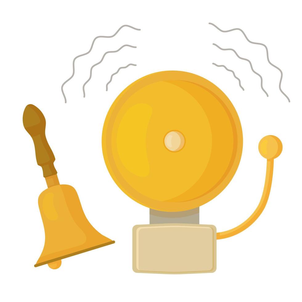 Cartoon golden school bell with noise sound vector flat illustration. Ringing classic electric bell and hand metallic ring isolated on white background. Attention alarm equipment