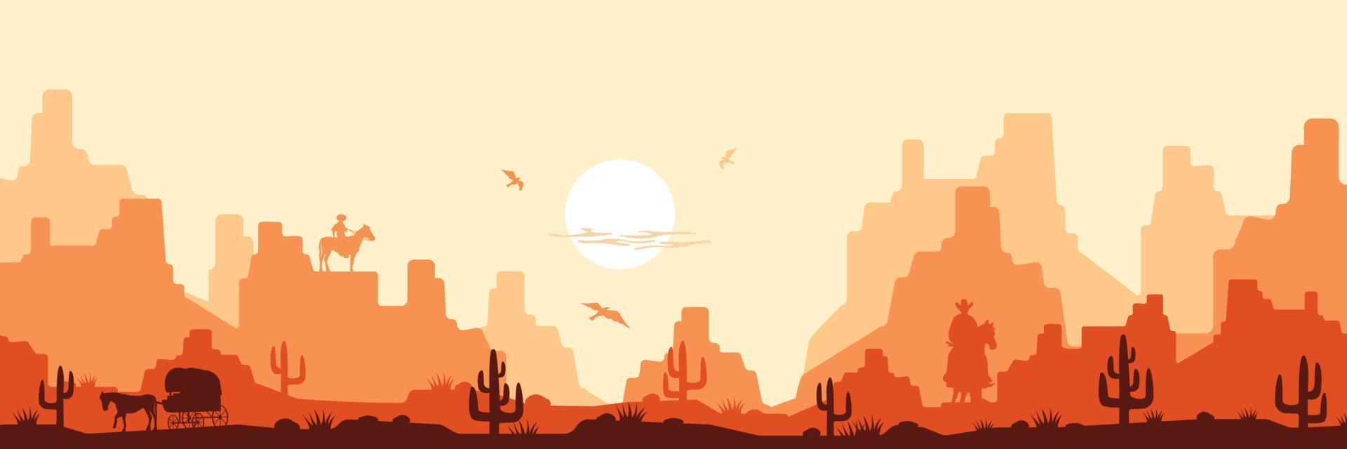 sabana caliente salvaje oeste de fondo. calor amarillo durante el día con siluetas de cactus y vaqueros a caballo montañas naranjas en neblina. vector