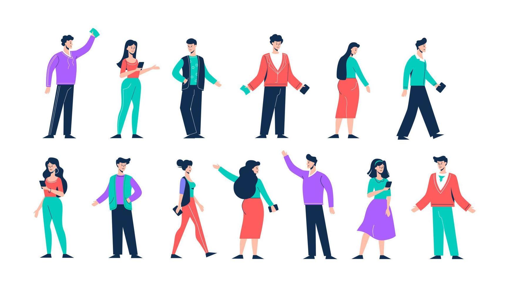 People characters set. Young and cheerful guys communicate with girls make an appointment over phone. vector