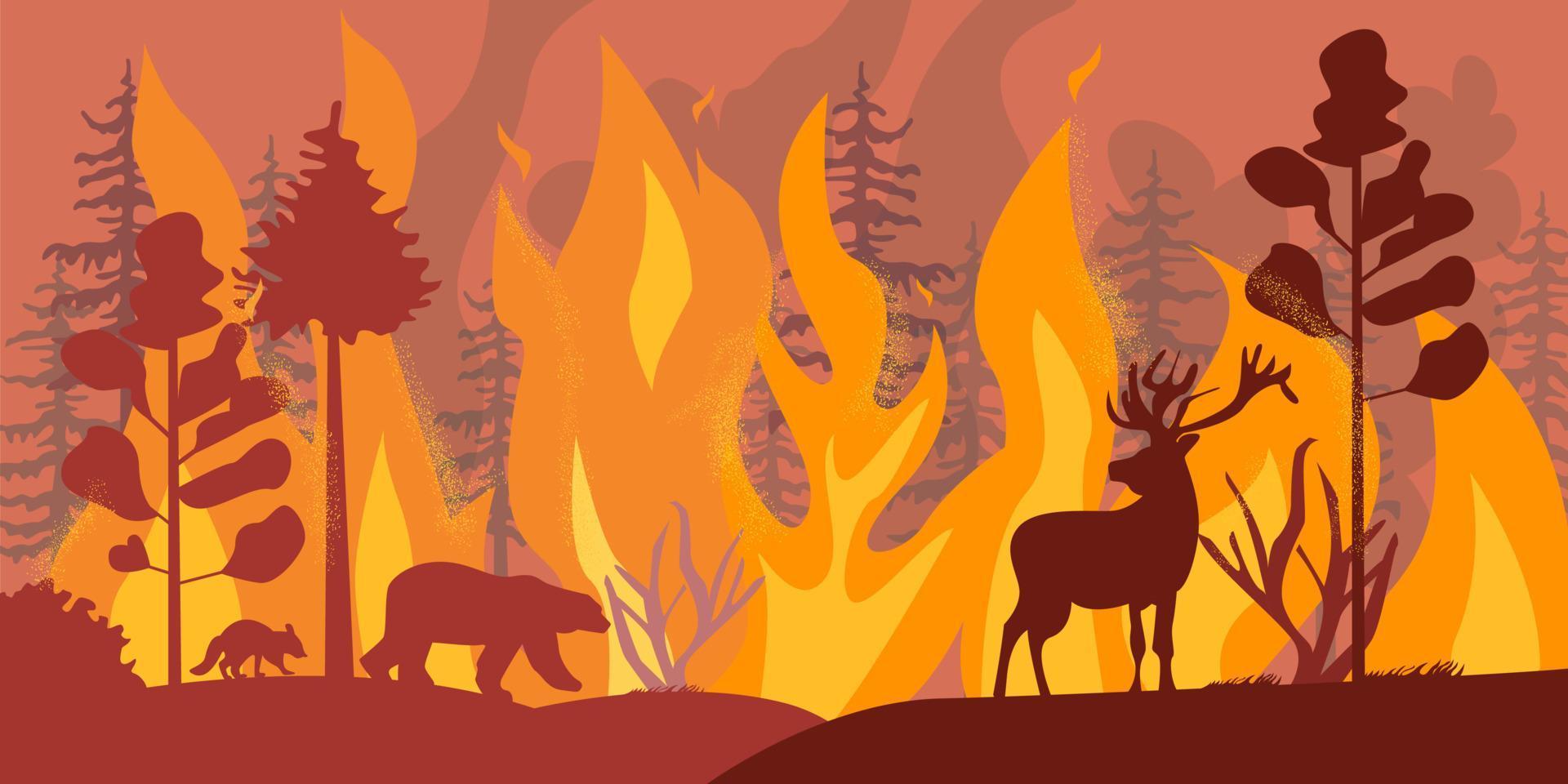 Silhouettes of wild animals at fire forest vector flat illustration