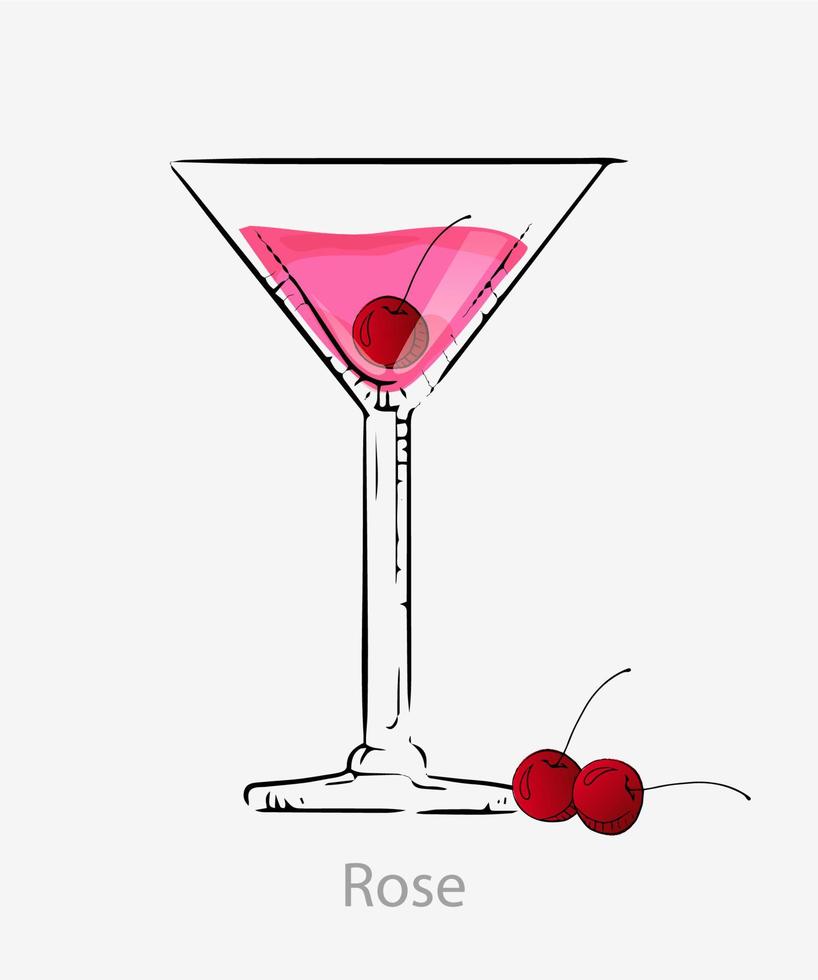 Cocktail rose. Red cocktail cherry long drink alcoholic dry vermouth cherry liquor strawberry syrup served vector martini glass category modern classic.