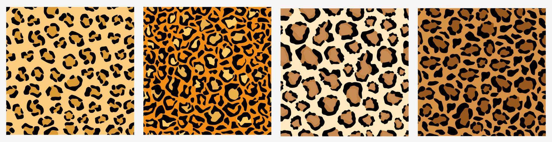 Set of various leopard skin seamless pattern. Collection of different colorful wild animal print design vector flat illustration. Trendy colored decoration exotic template