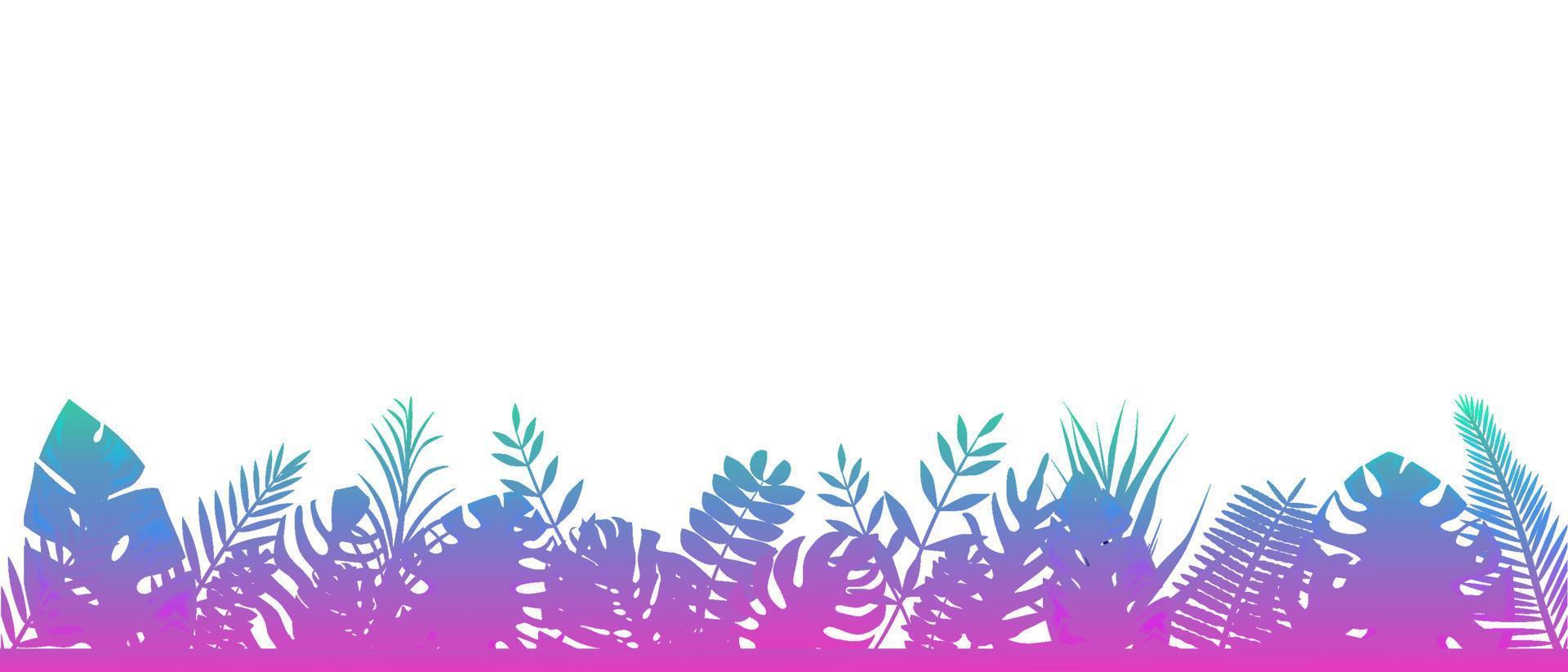 Fern background blue pink. Decoration horizontal rainforests floral botanical background with elegant tenderly leaves of fern wild natural lawn in the rays of the rising vector sun.