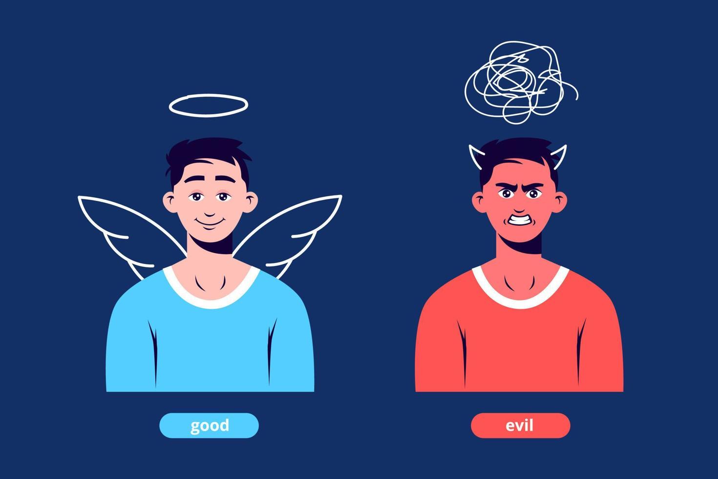 Kind character with halo and demonic with evil thoughts vector