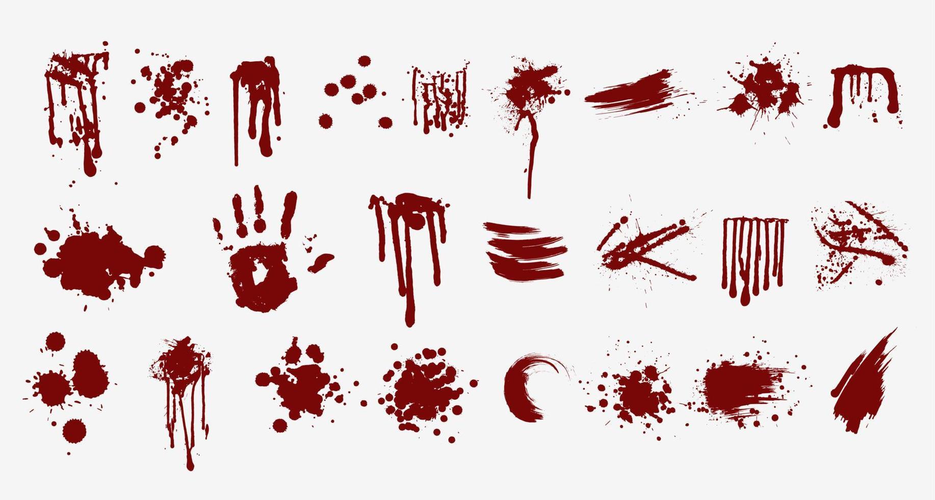 Various blood or paint splatters prints and splashes vector flat illustration. Set of abstract colorful red drops splashing elements isolated on white background