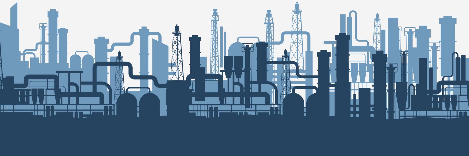 Industrial factories silhouette background. Blue oil refinery complex with pipes and tanks gas production rigs with endless steel. vector