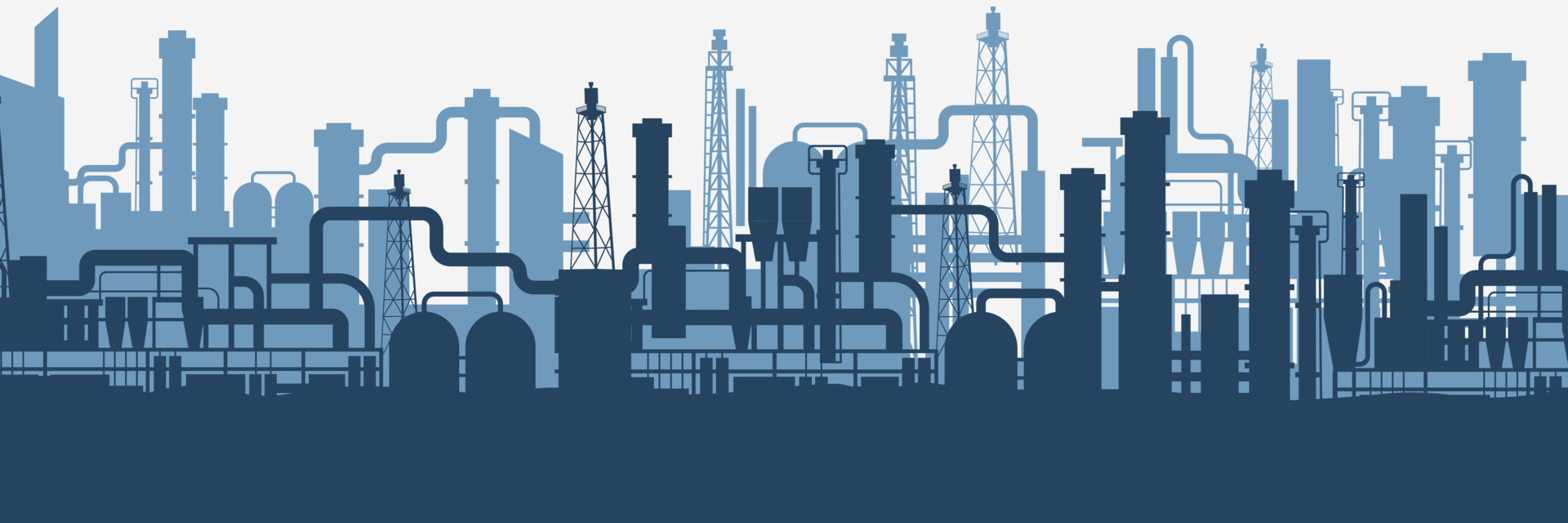 Industrial factories silhouette background. Blue oil refinery complex