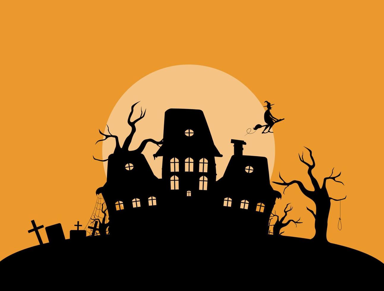 Abandoned mystical house in cemetery illustration. Spooky old palace silhouette with dry trees and gravestones with flying witch vector broomstick.