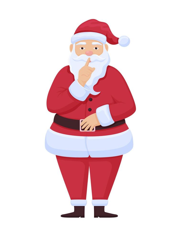 Merry santa claus. Festive character white beard in red fur coat and cap asking not to make noise snowy fun Christmas and New Year cartoon claus comes every vector house.