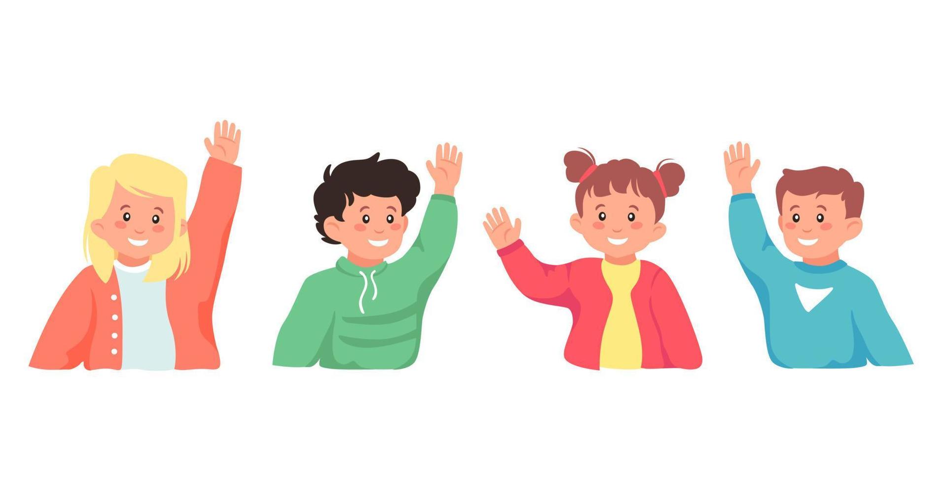 Set of smiling school pupil ask question hand up isolated on white background vector