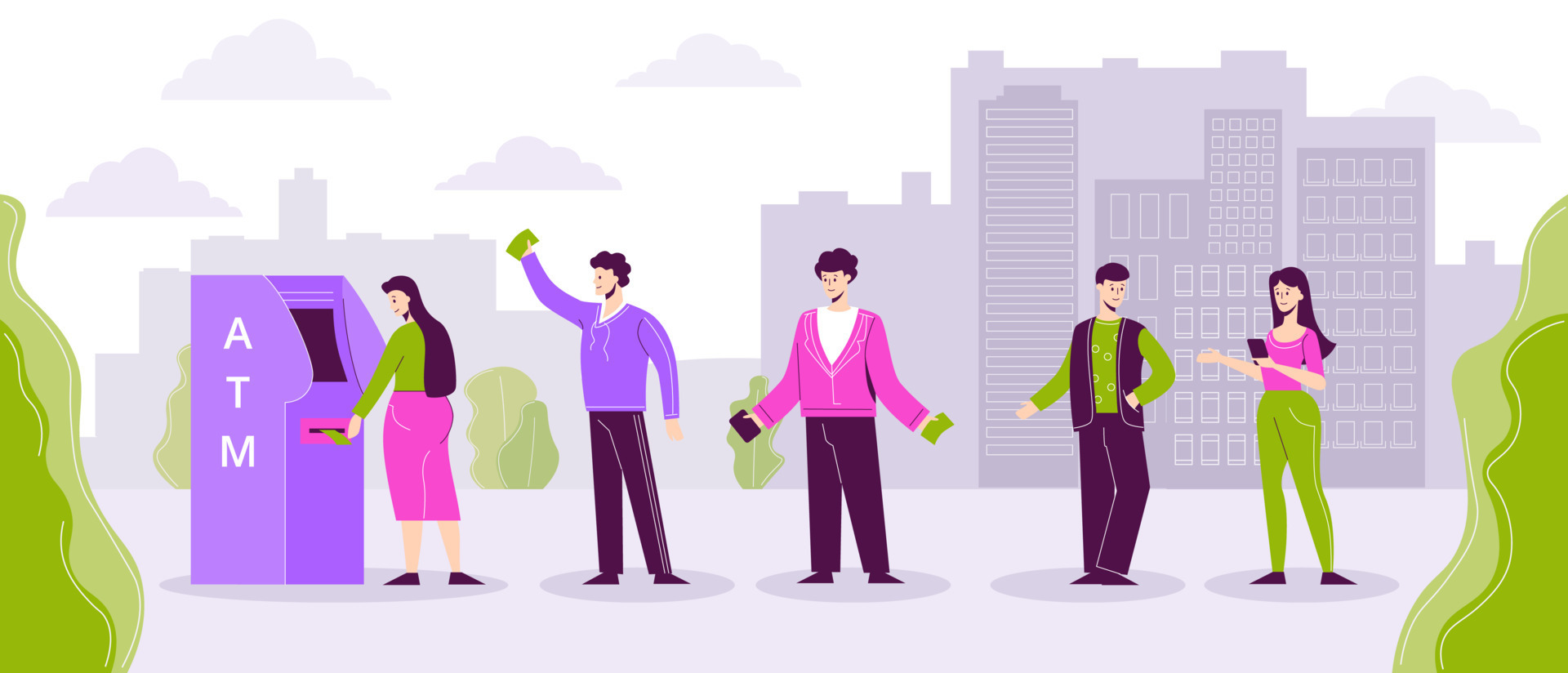 People queue to ATM illustration. Group of men and women stand by line