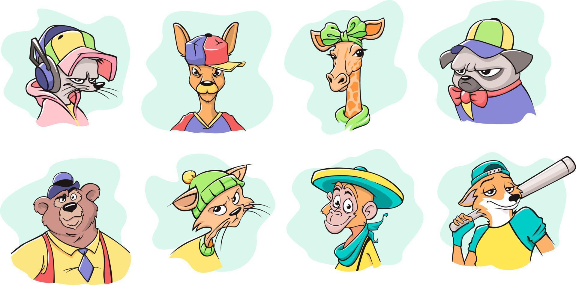 conjunto de caras de animales de dibujos animados. elegante oso con sombrero mono sonriente sombrero mexicano zorro astuto con bate de béisbol jirafa glamorosa. vector