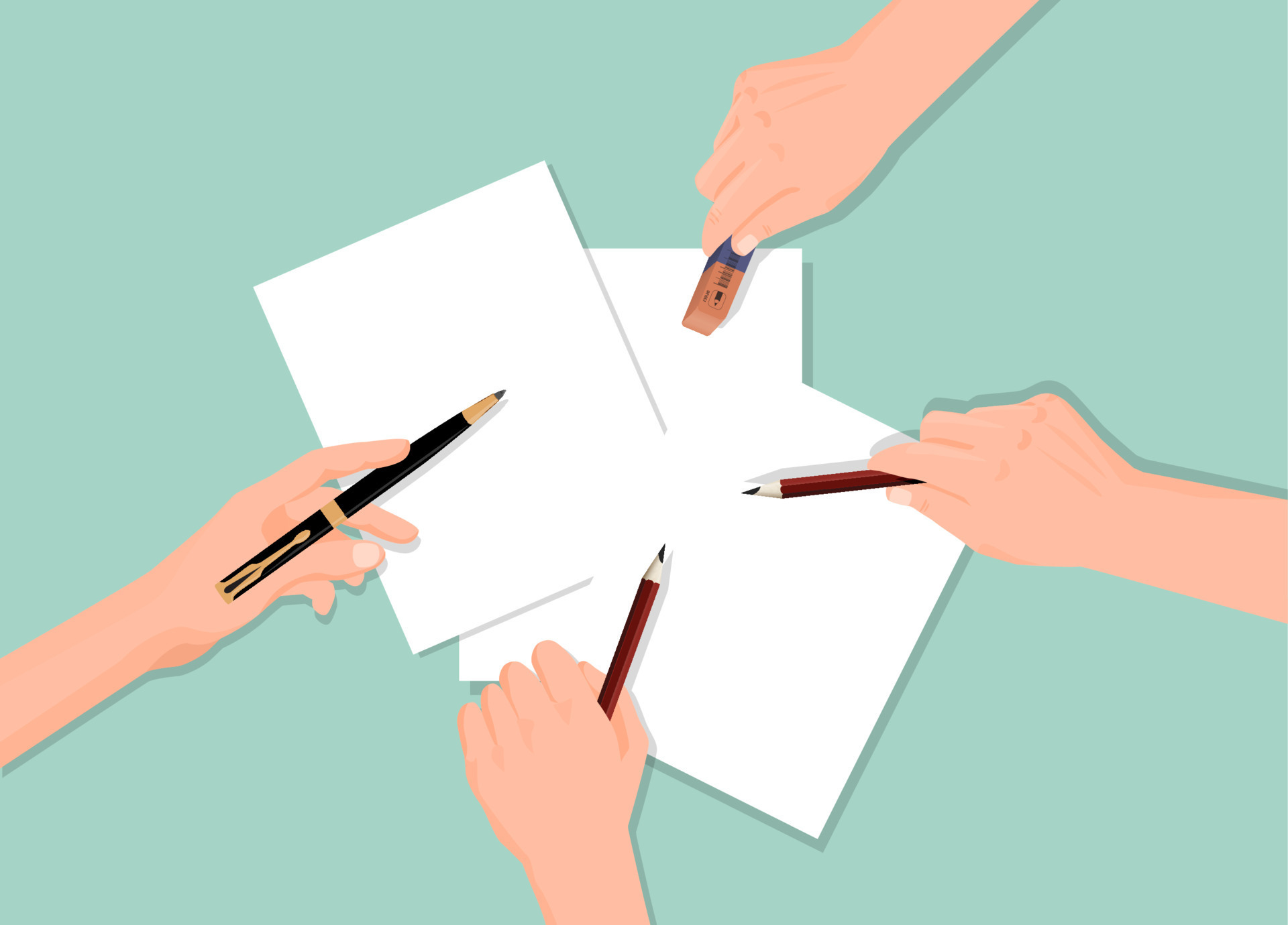 Four hands and paper concept. Development new project hands with