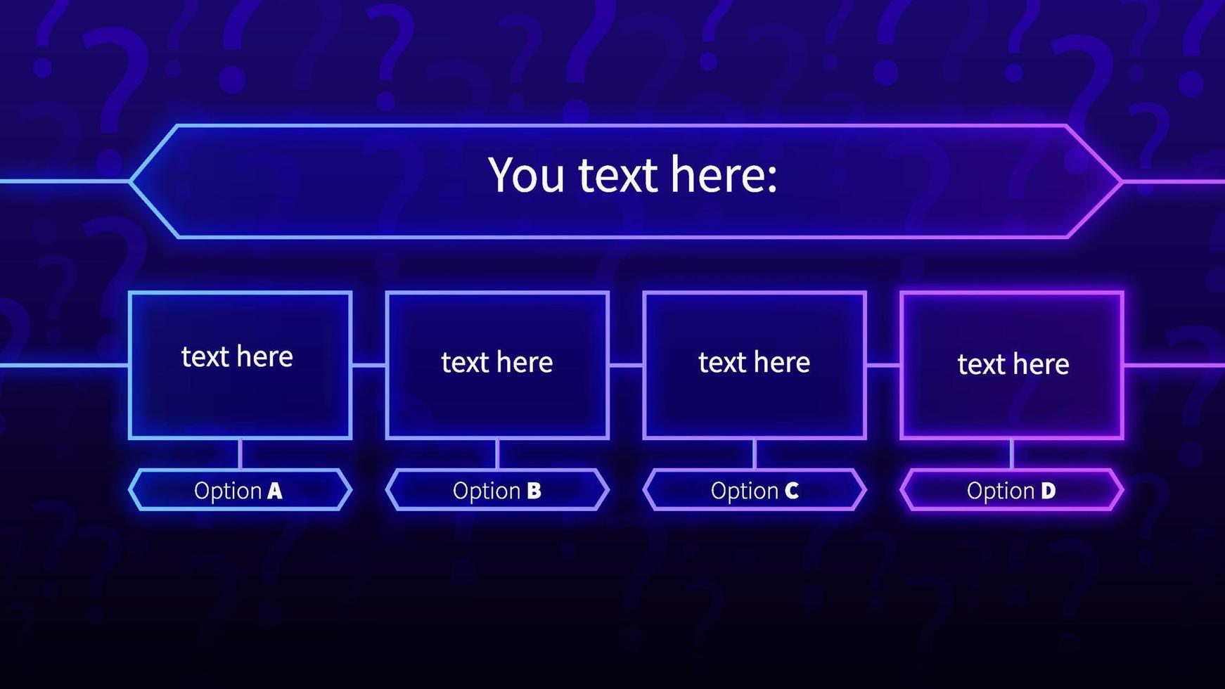 Neon quiz template. Stylish game contest with choice of right answer in neon glowing banner frame fun vector knowledge tournament information show I want to know everything.