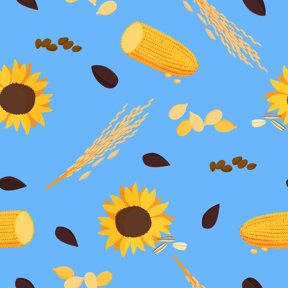 Sunflower with corn seamless pattern. Bright yellow flower with brown seeds roach with grains bushes of ripe wheat blue background golden autumn harvest farm vector economy.