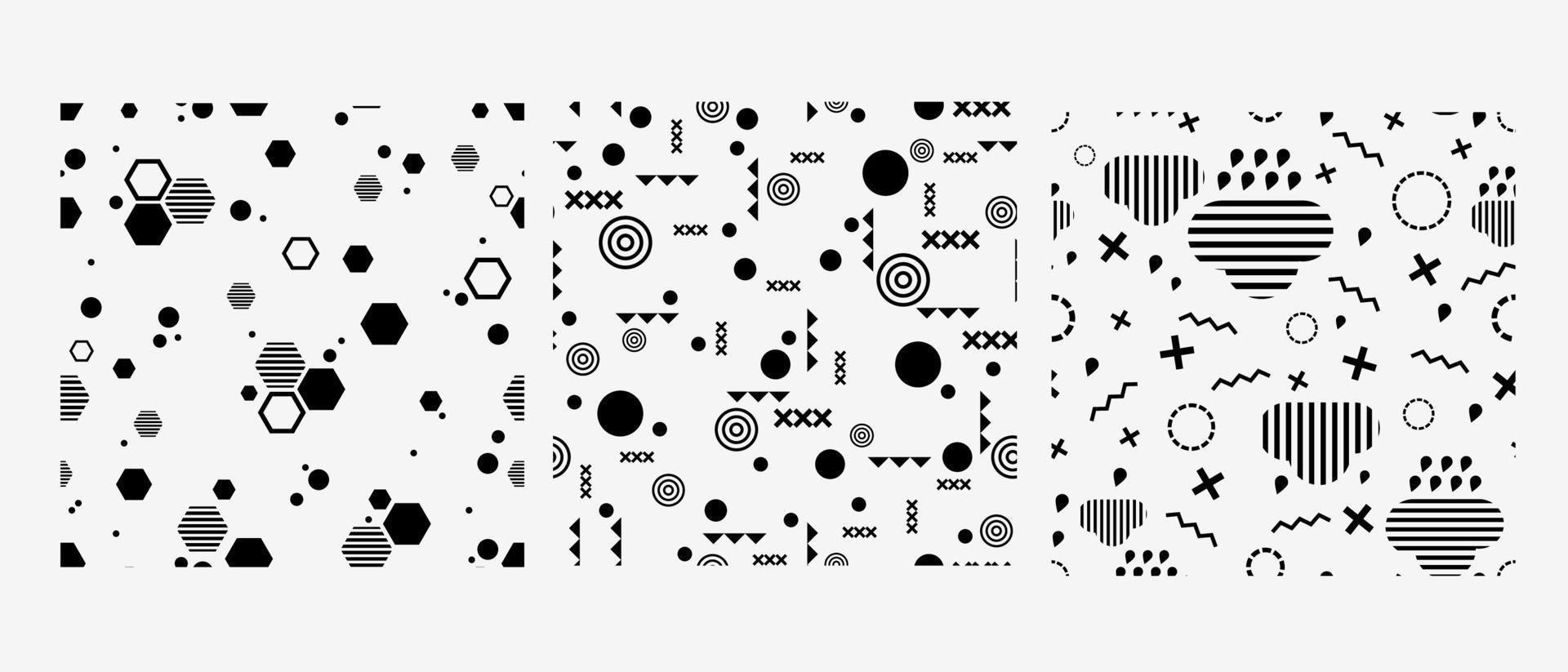 Black and white geometric shapes on background. Hexagons with stripes, circles, crosses, cloud with lines and drops. Seamless pattern with objects vector illustration.