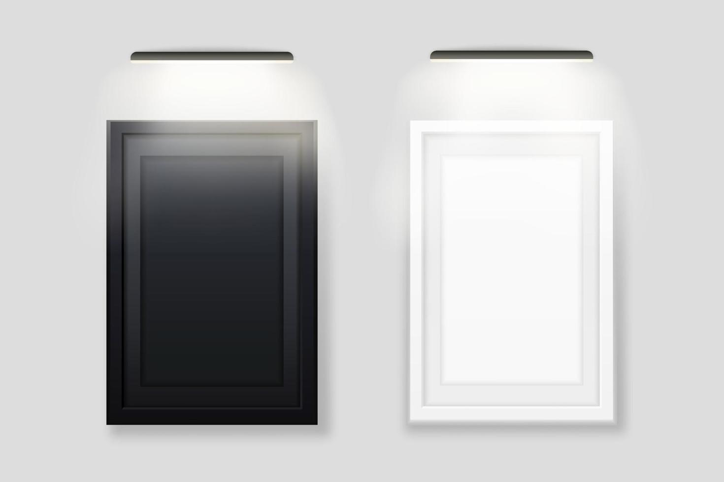 White and black photo frame backlit template. Empty realistic banner with led lamp on top vector