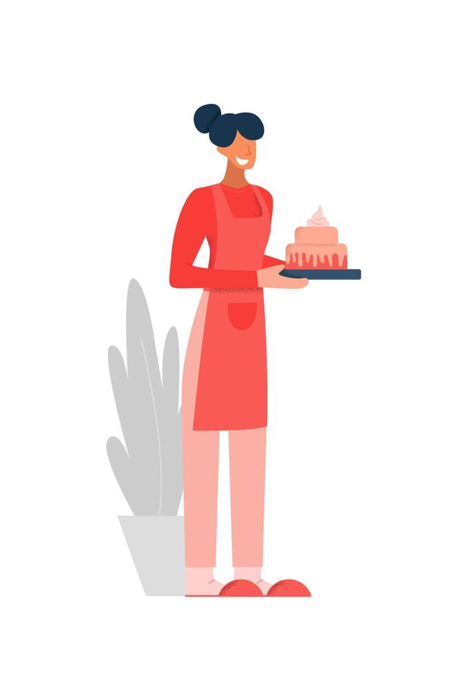 personaje femenino doméstico sonriente en delantal sosteniendo pastel de panadería casero aislado en blanco vector