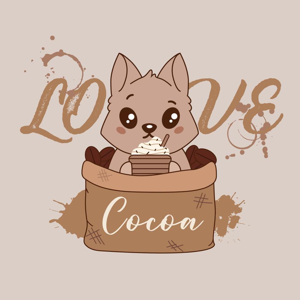 Cute squirrel love cocoa illustration. Animated funny character holding cream cone while sitting in bag chocolate beans. vector