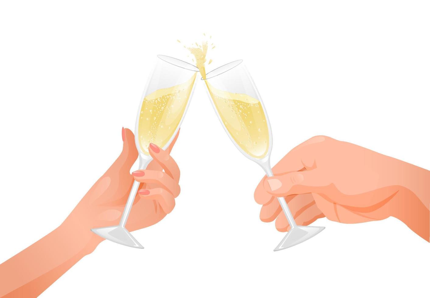 Male and female hand holds champagne glasses. Illustration of a festive mood, toast, a symbol of happy romantic events. Vector graphics for web sites, restaurants, bars