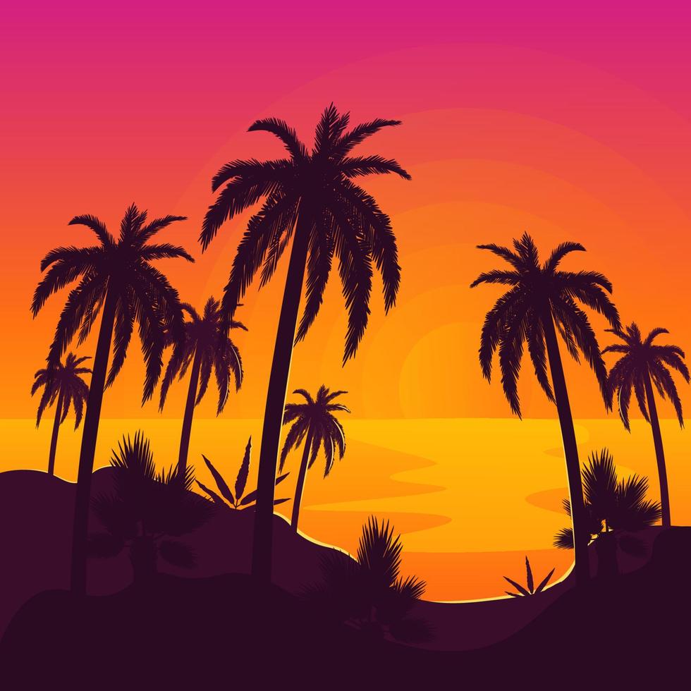 playa tropical con palmeras y océano con reflejo del sol. vacaciones de verano o resort al atardecer. isla con ilustración de vector de plantas.