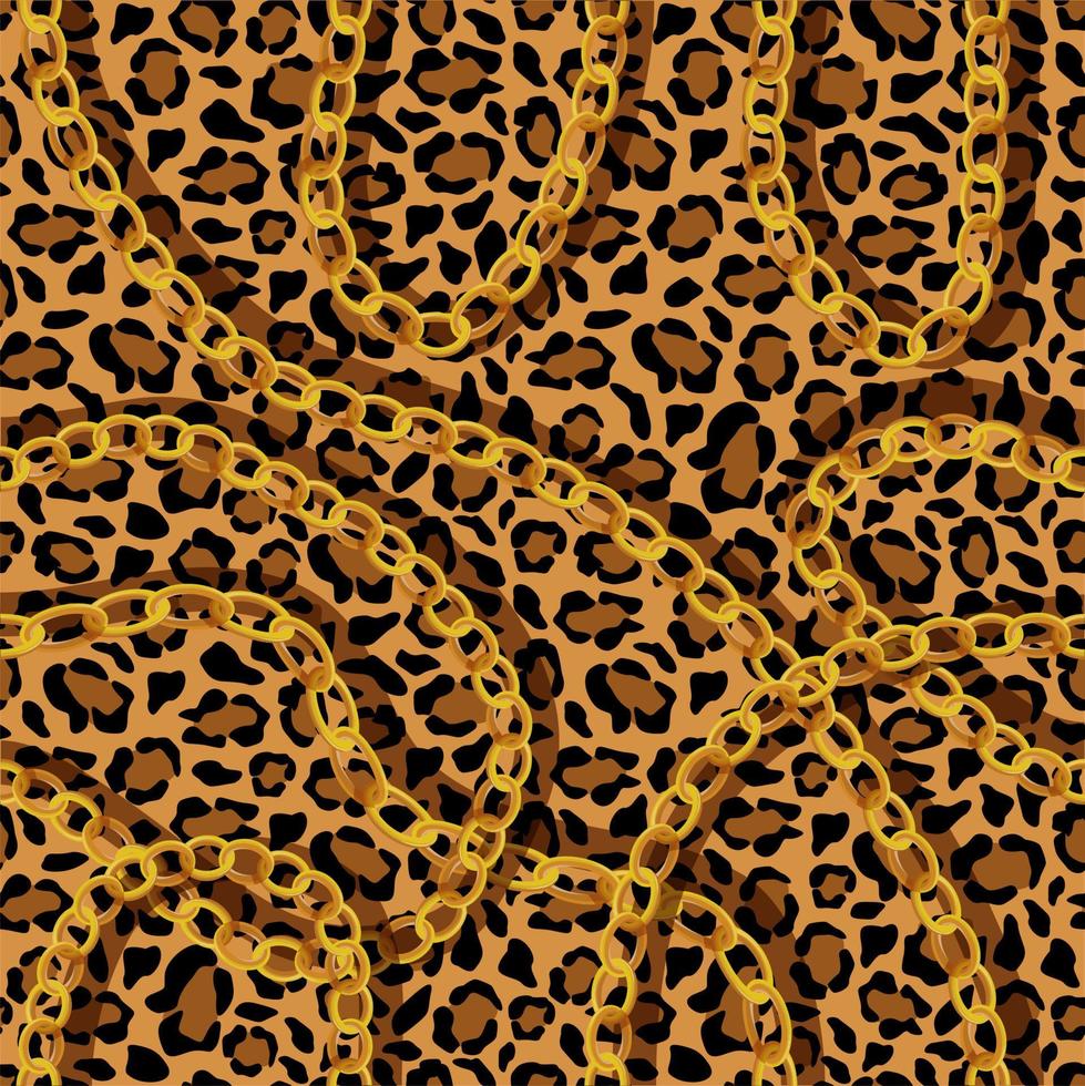 Cheetah skin with gold chains seamless pattern. Panther yellow spots with black jaguar scheme outlines in cheetah vector color.