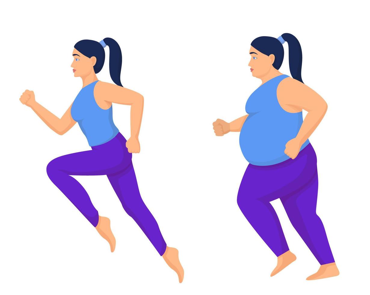 Athletic and fat woman. Full obese woman on jog turns into stylish fitness lady overweight intense struggle with him, constant training forming cartoony beautiful vector figure