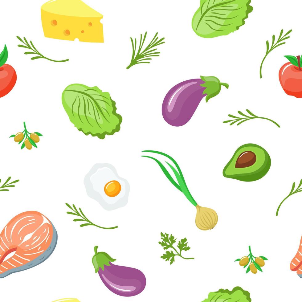 Keto diet seamless pattern. Green lettuce purple fresh eggplant appetizing half of avocado with bone. vector