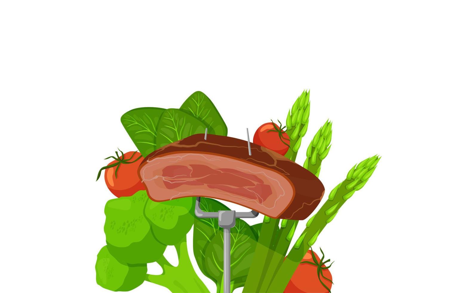 carne frita en un tenedor rodeado de verduras clipart. bistec marrón jugoso con tomates rojos y col vectorial de lechuga verde. vector