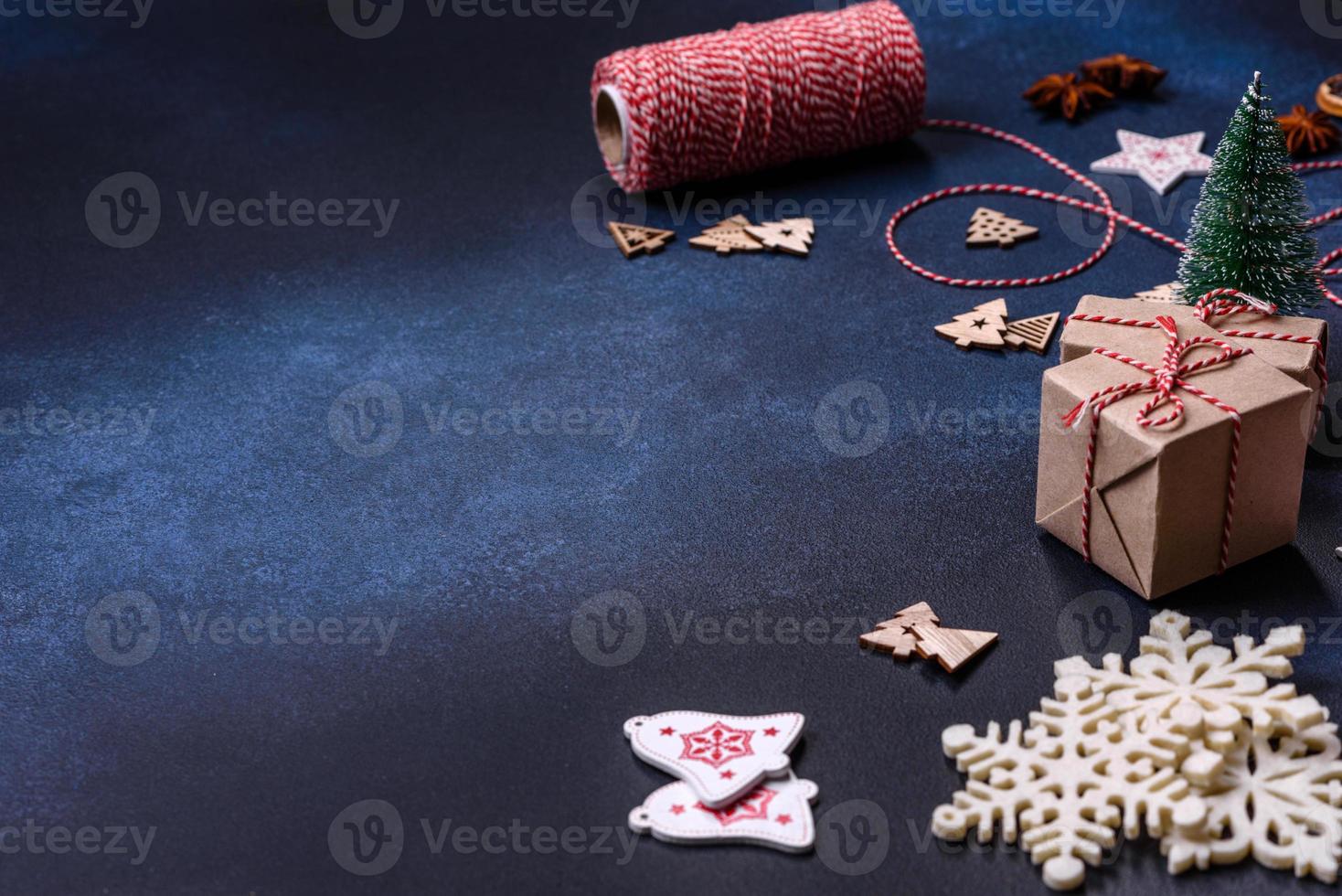 Christmas composition with gingerbread cookies, Christmas toys, pine cones and spices photo