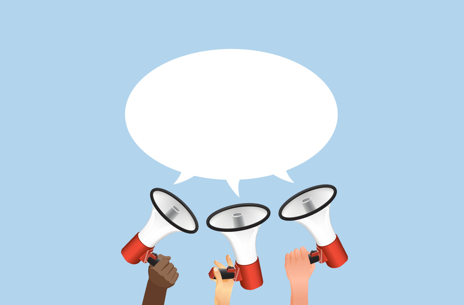 Three hands are holding speakers with speech cloud banner. Cooperative