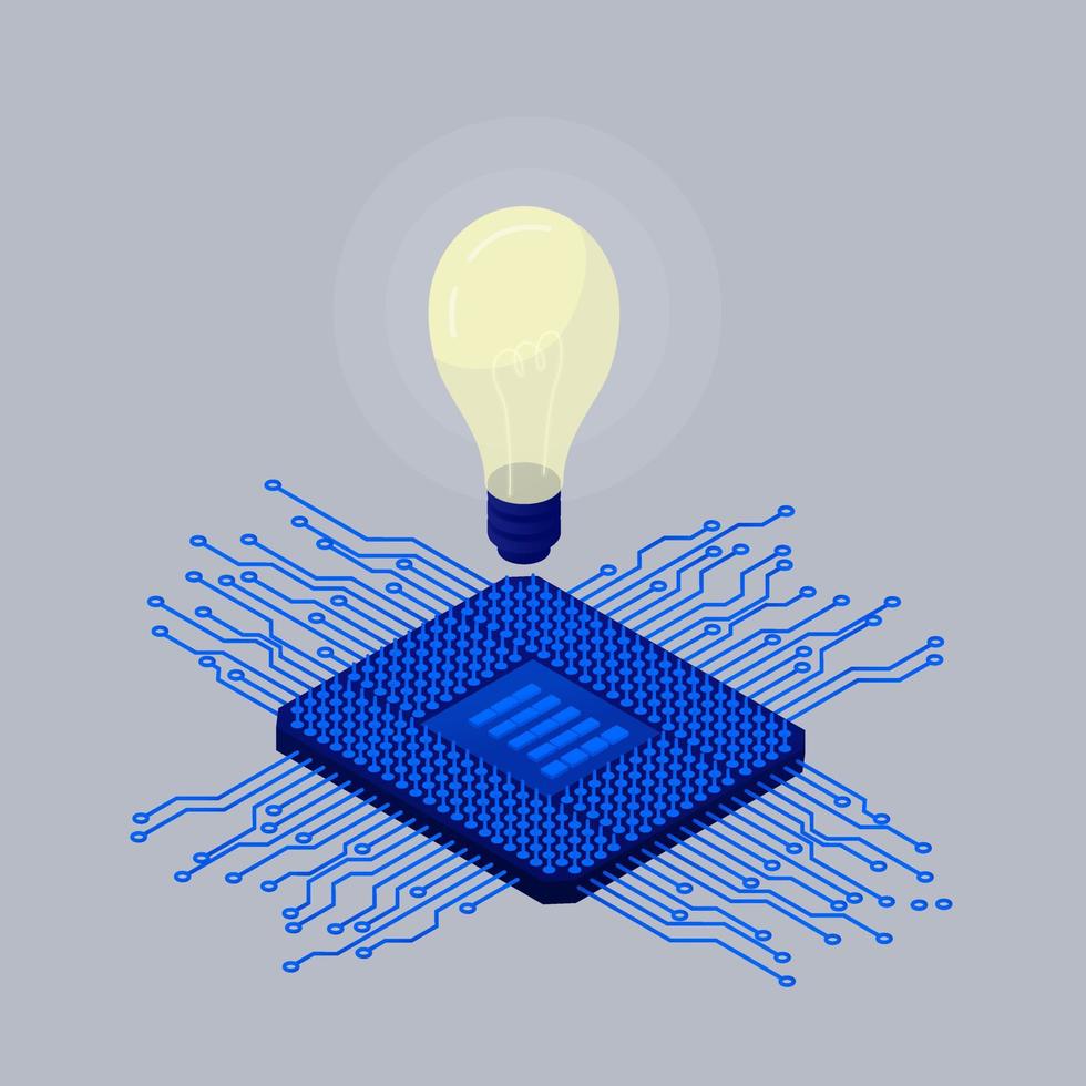 Idea of amplifying computer processor. Modern blue digital chip with burning light above it. vector