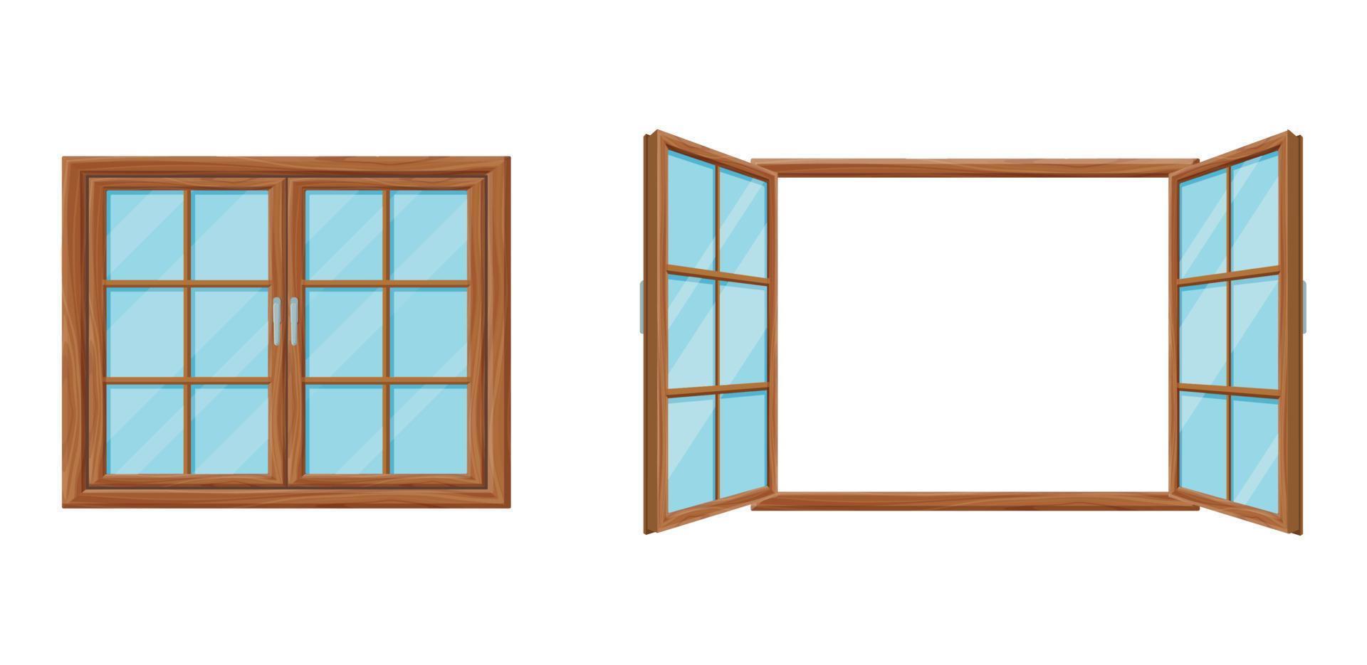 Wooden window template closed and open. Modern wooden mesh window two folding doors. vector