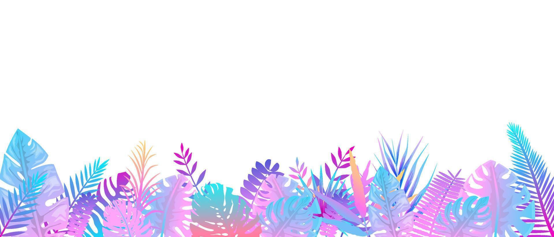 Futuristic pink blue fern background. Horizontal decoration fantasy rainforests in cloudy weather floral botanical background elegant bright fern leaveswild natural lawn in rays of vector sun.