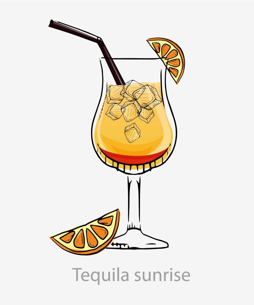 Cóctel de amanecer de tequila. cóctel amarillo cubitos de hielo rebanada de naranja pajitas trago largo alcohol, tequila granadina jugo de naranja servido highball vector vidrio categoría bebidas nueva era.